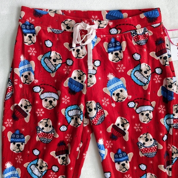 Novogratz Lounge Joggers Frenchie Winter Print Plush Elastic Waist Red M NWT - Picture 4 of 15